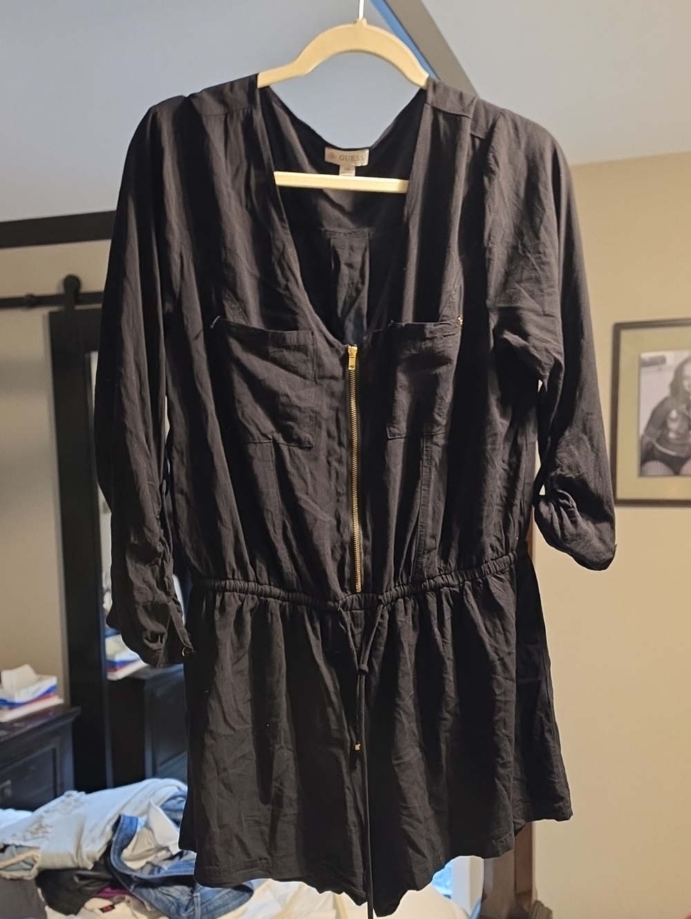 GUESS Black Utility Romper Gold Zip Drawstring Waist